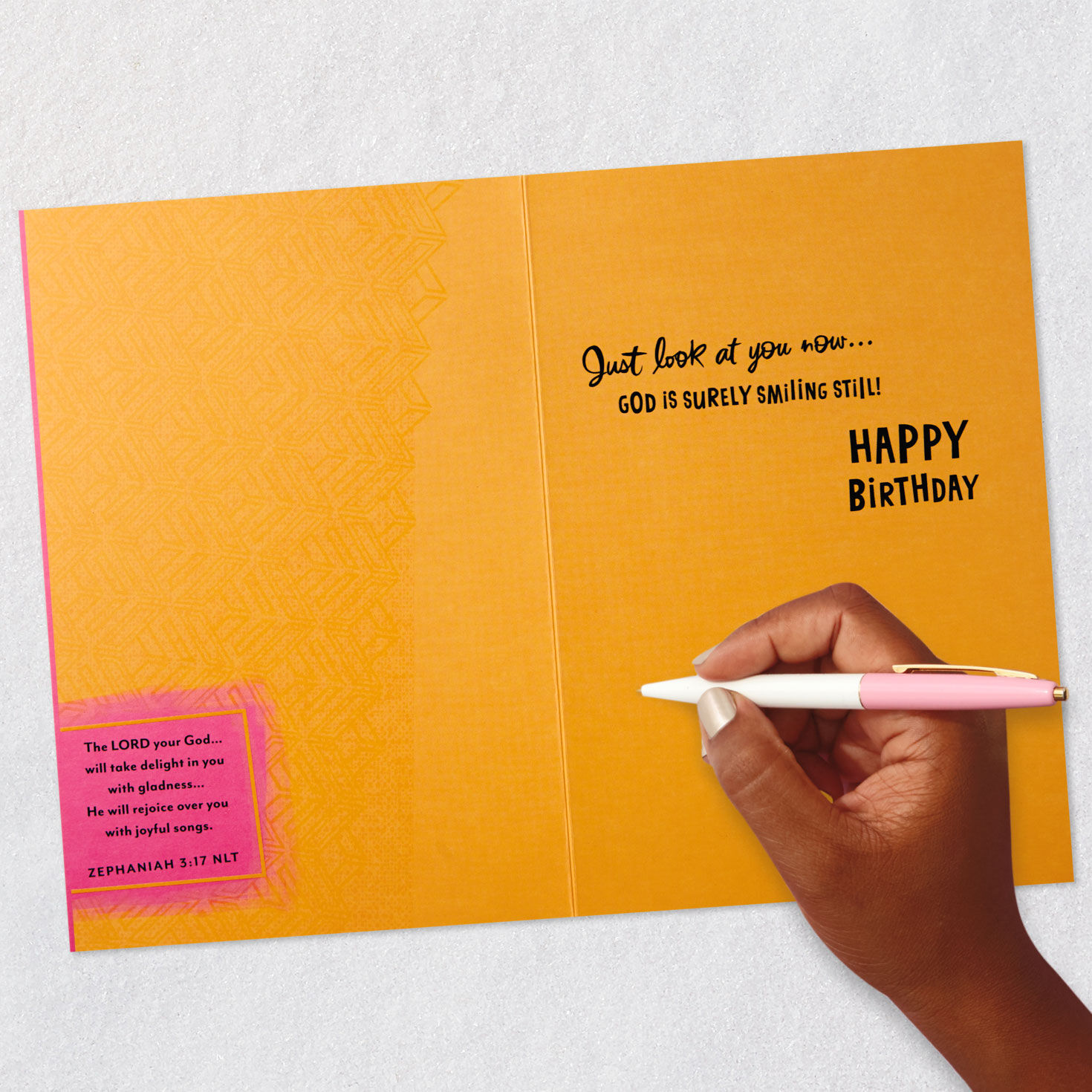 Orange Flower on Pink Religious Birthday Card for Her Signing card image number 6