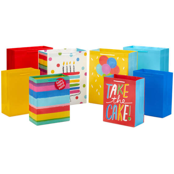 Birthday Rainbow 8-Pack Gift Bags, Assorted Sizes and Designs
