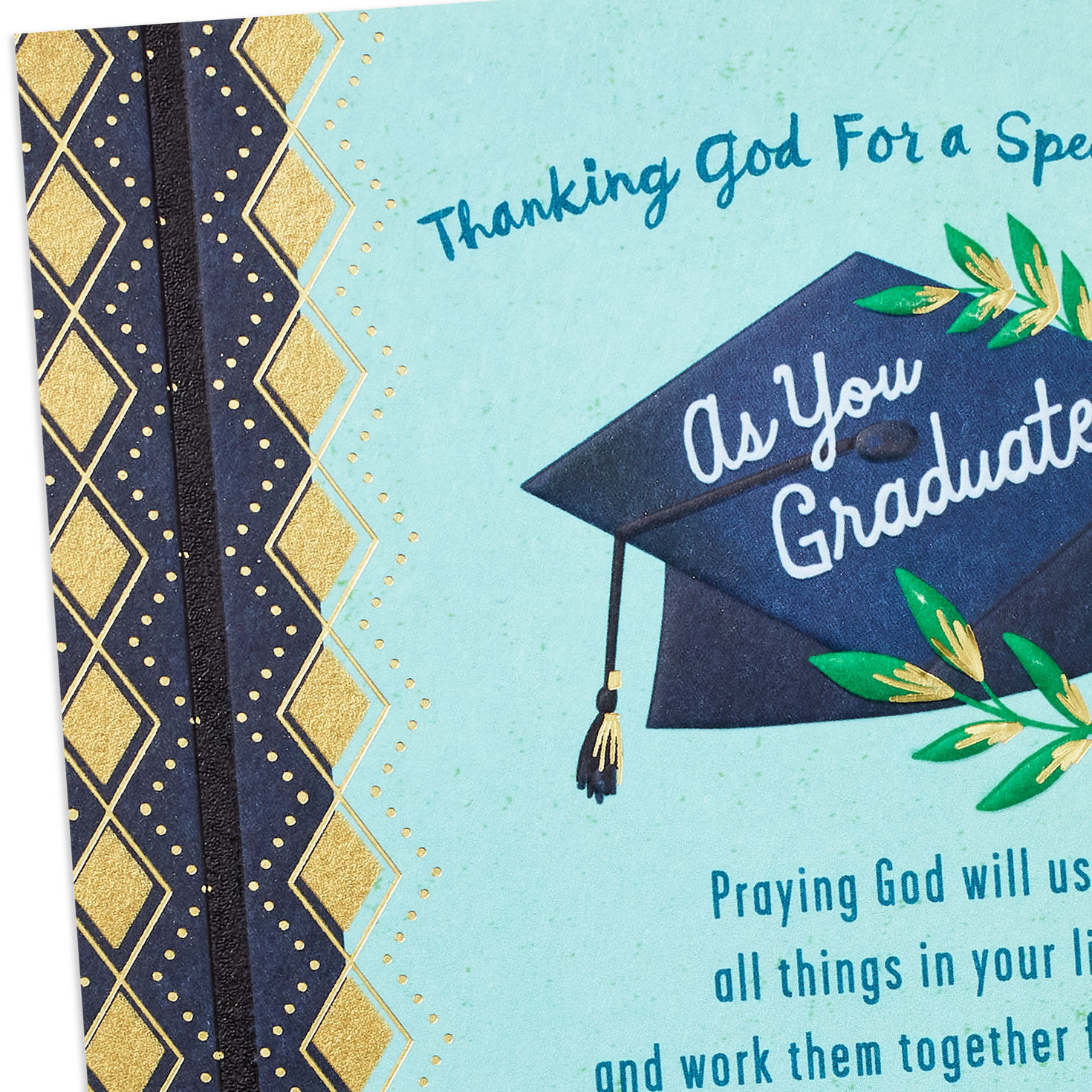 Blue Grad Cap with Leaves Religious Graduation Card Card Front Detail image number 5