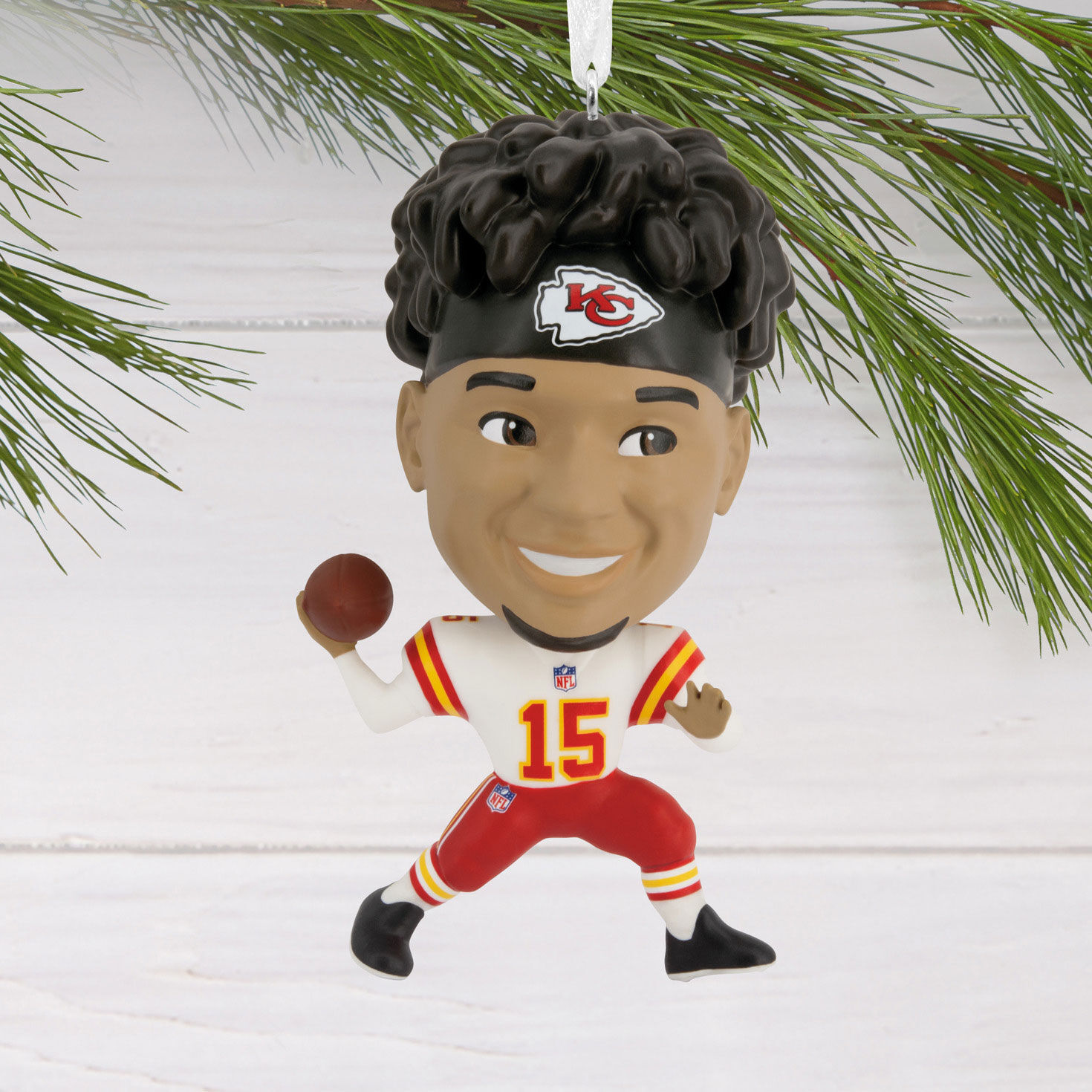 Patrick Mahomes Bobblehead Christmas Ornament hanging on tree image number 2