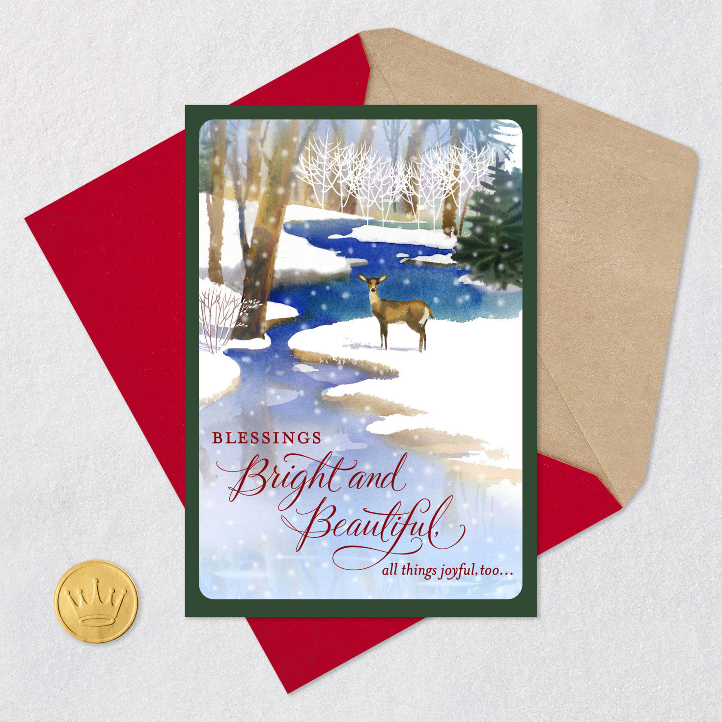 Winter Deer Watercolor Christmas Card Card Front with Envelope and Gold Seal image number 5