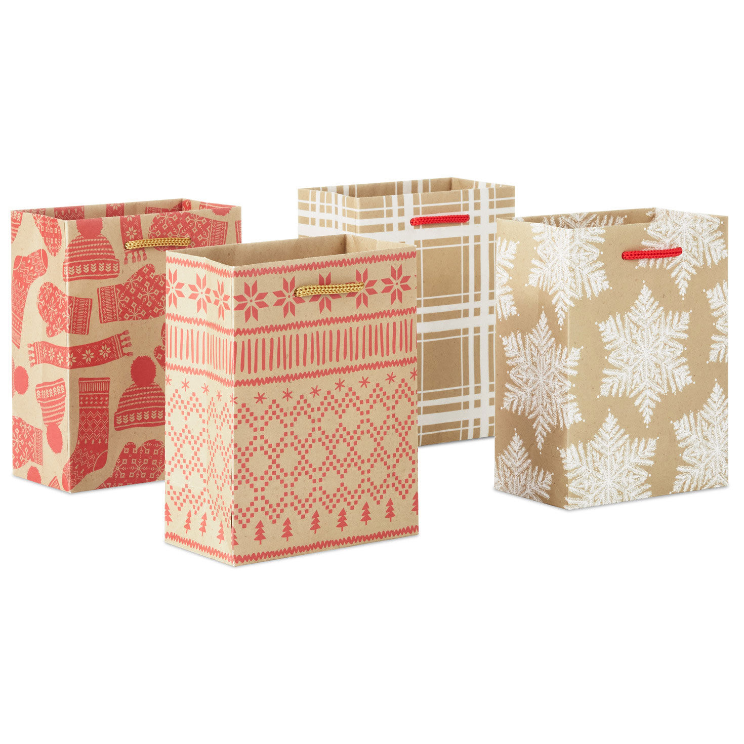 5.7" Holiday Prints on Kraft 4-Pack Assorted Small Christmas Gift Bag Bundle