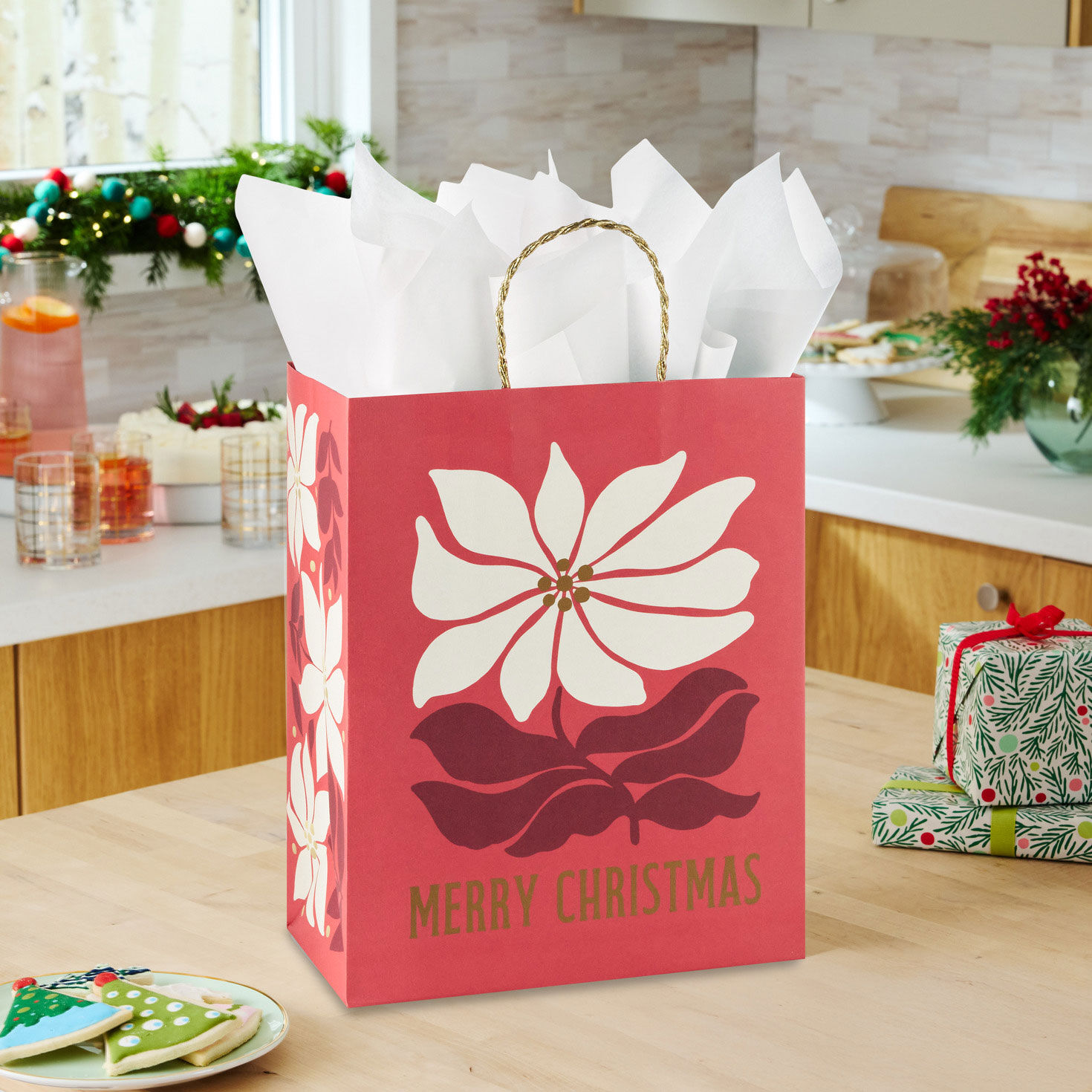 Cream Flower on Red Holiday Large Gift Bag in use image number 2