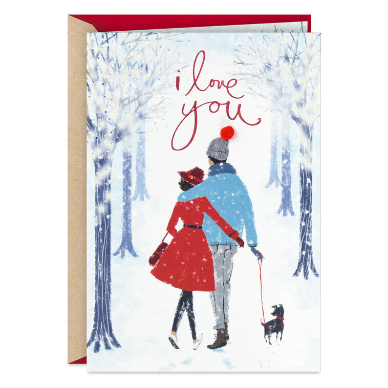 Couple Walking Dog in Snow Romantic Christmas Card Card Front image number 1