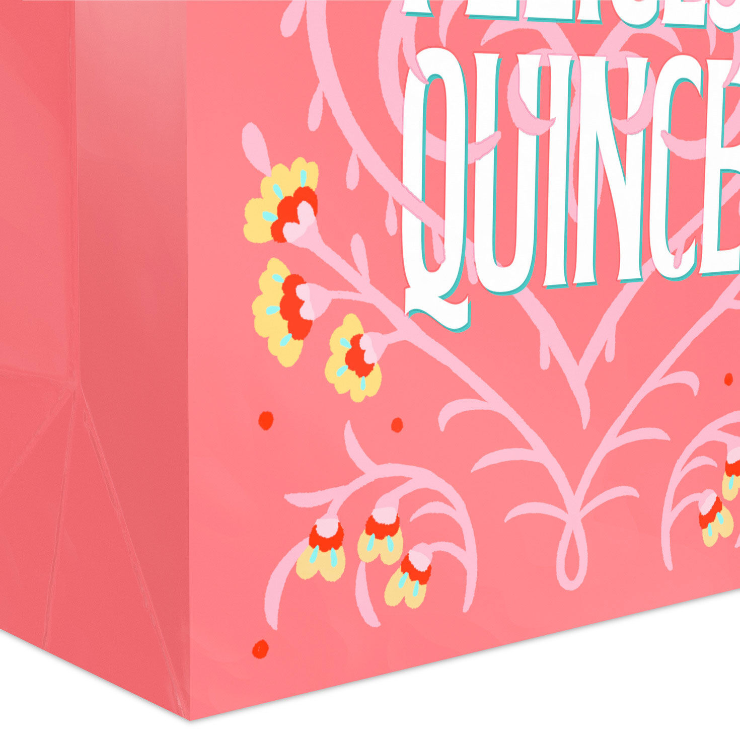 Spanish Language Coral Medium Quincea&ntilde;era Gift Bag Base/Side Detail image number 5