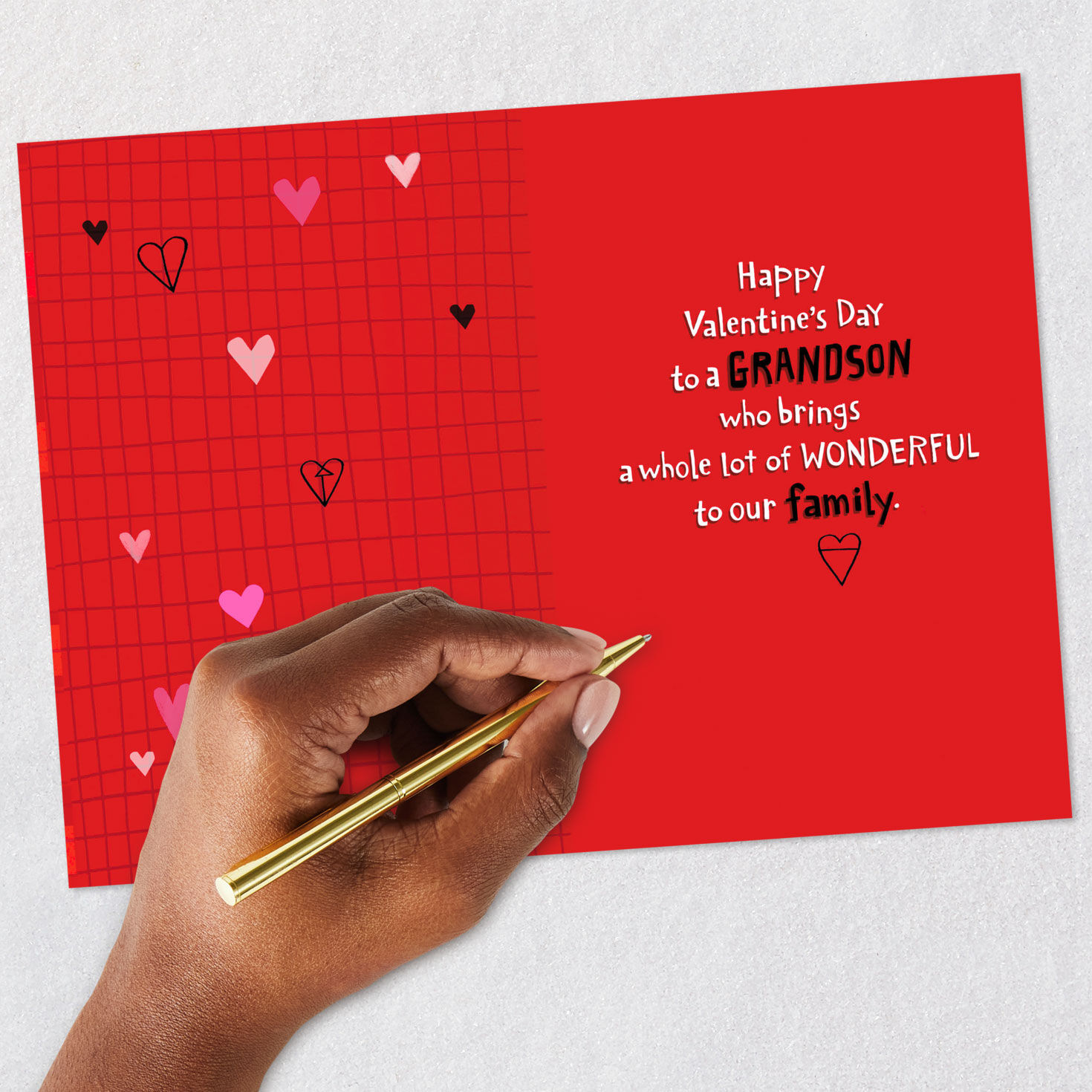 Hearts on Red Grid Grandson Valentine's Day Card Signing card image number 7