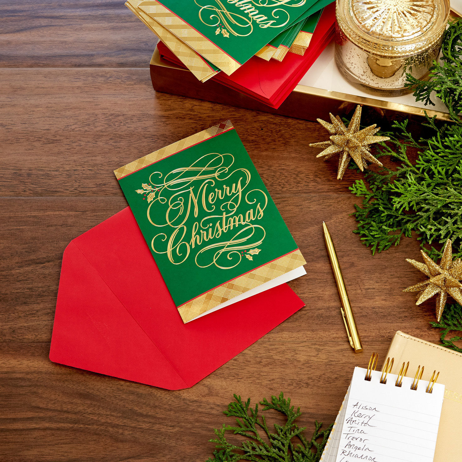 Gold and Green Boxed Christmas Cards Bulk Pack in use image number 7