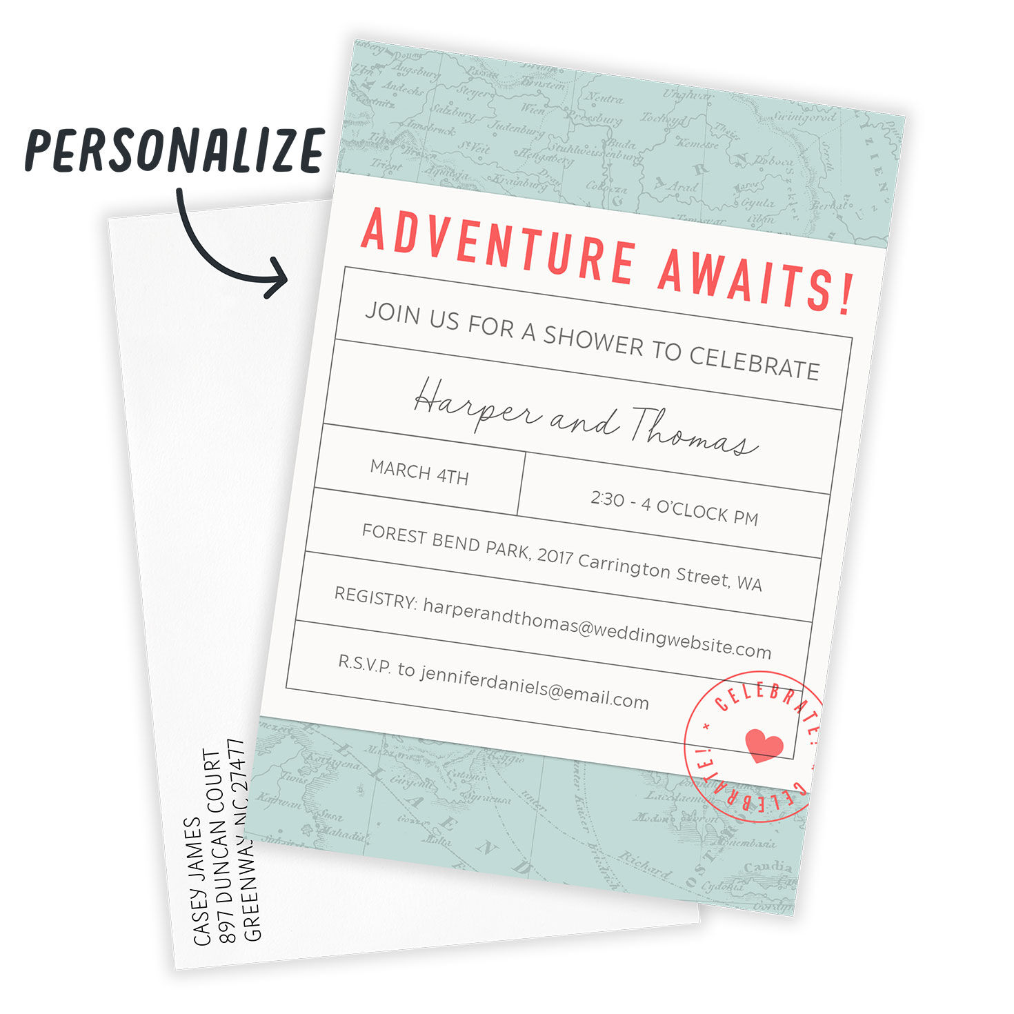 Map Travel Stamp Personalized Shower Invitation Card Front indicating personalization image number 2