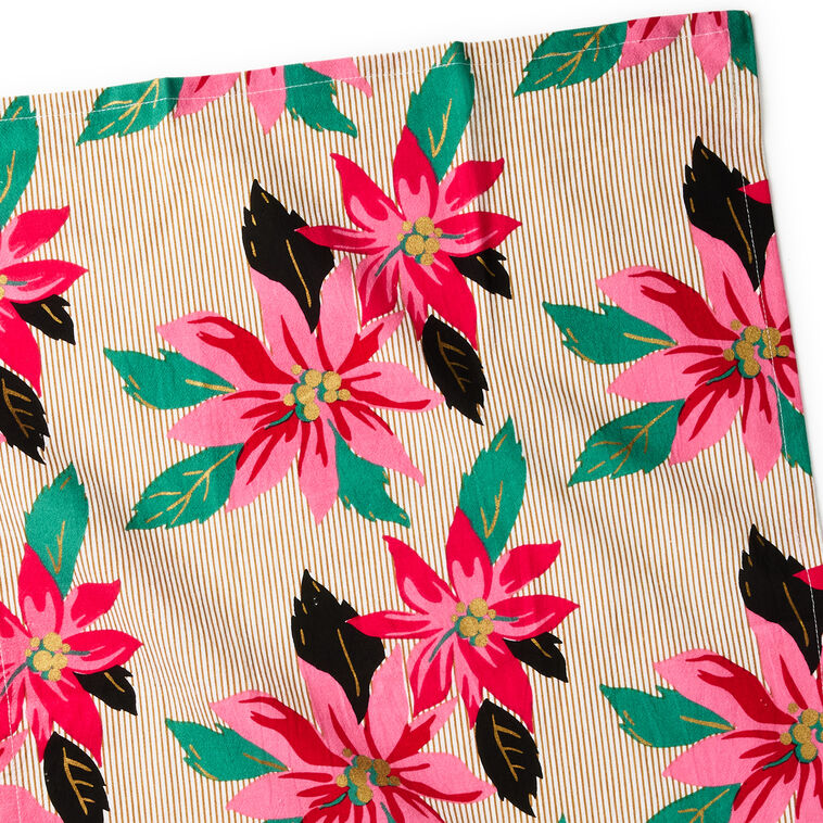 Bold Poinsettias on Gold Stripes Tea Towel closeup detail image number 4