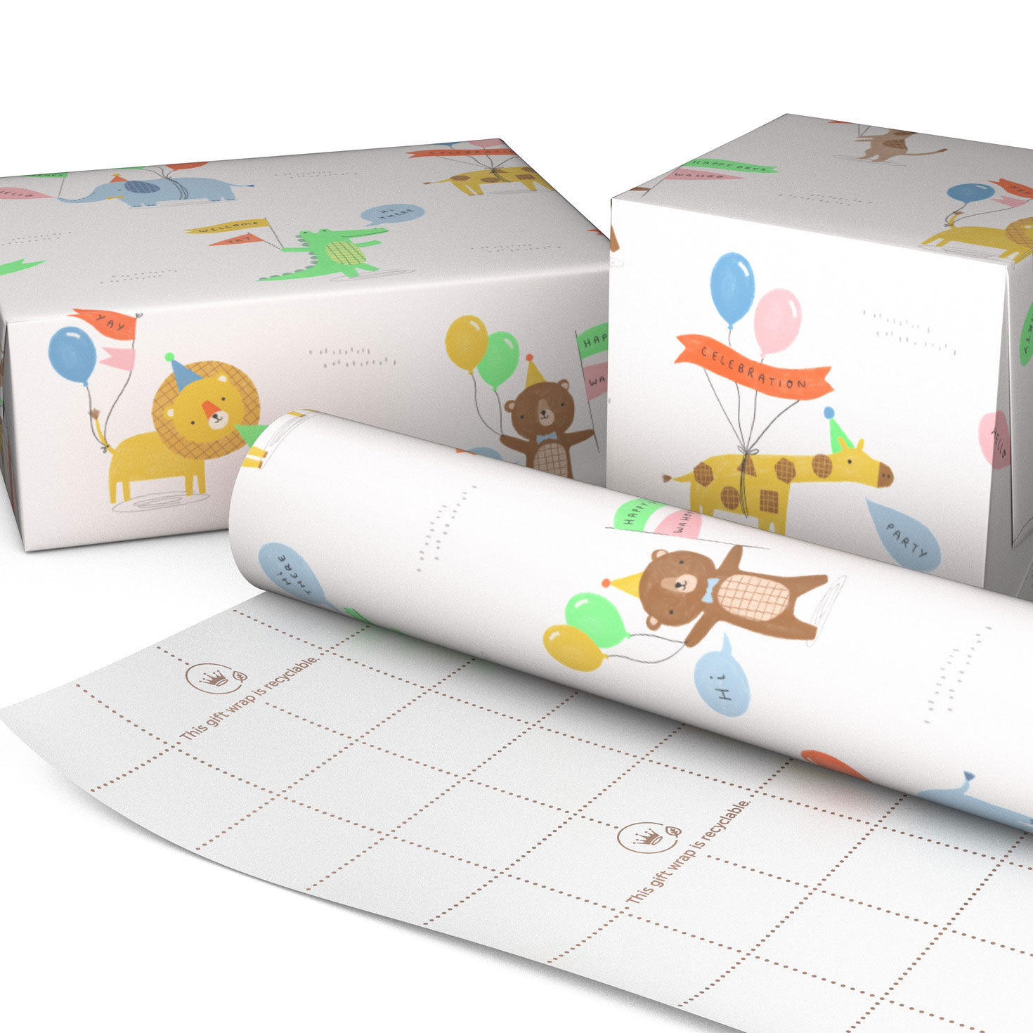 Baby Animals and Balloons on White Gift Wrap Roll Wrapped pkg image number 2