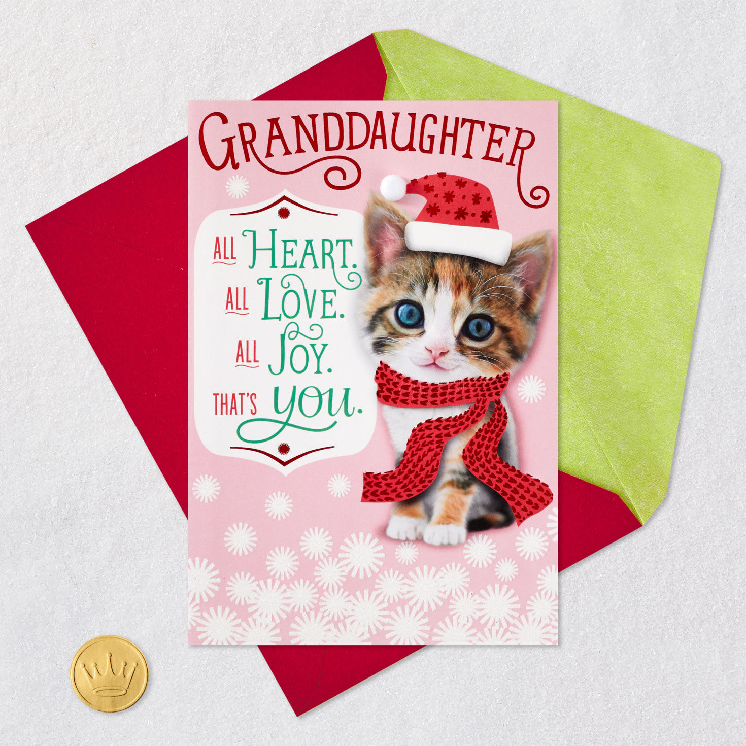 Cute Cat in Santa Hat Granddaughter Christmas Card Card Front with Envelope and Gold Seal image number 5