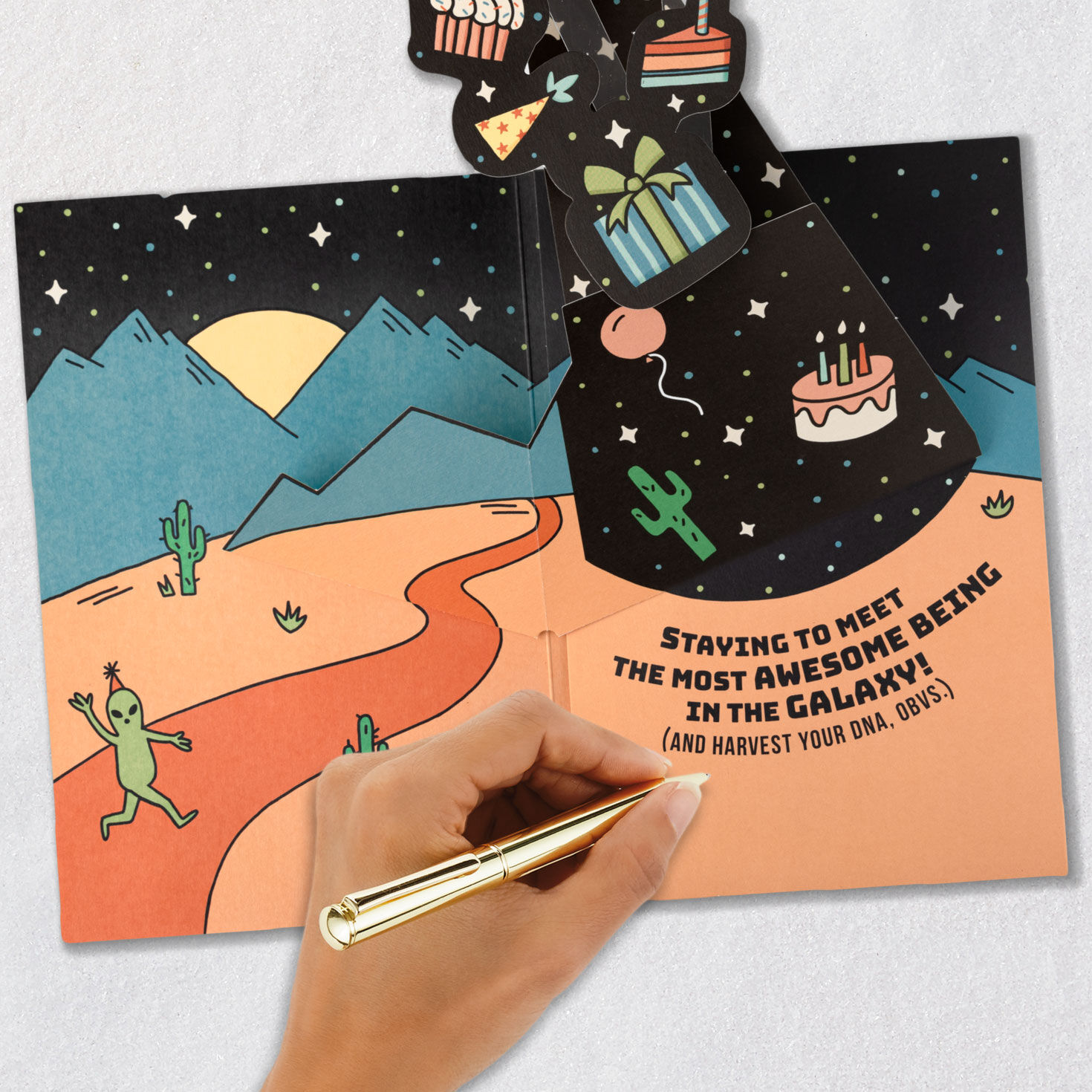 Alien Party Musical Pop-Up Birthday Card for Kids signing card image number 6