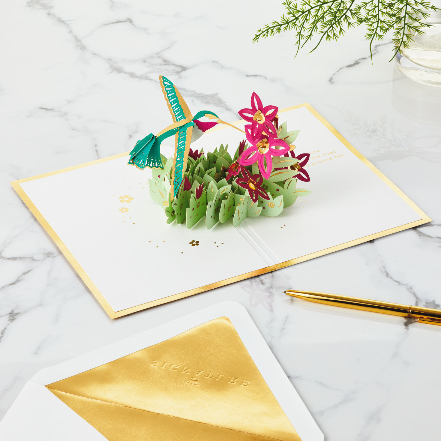 Hummingbird & Flowers 3D Pop-Up Mother's Day Card open card with envelope and gold pen image number 9