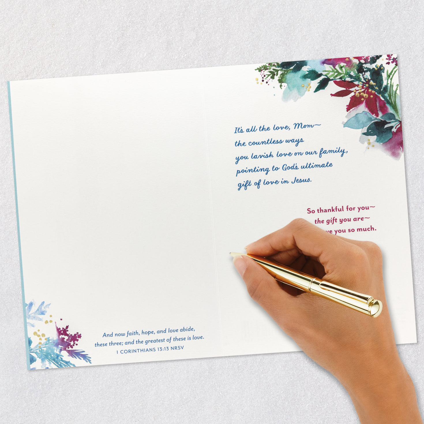Watercolor Poinsettia Flowers Mom Christmas Card signing card image number 7