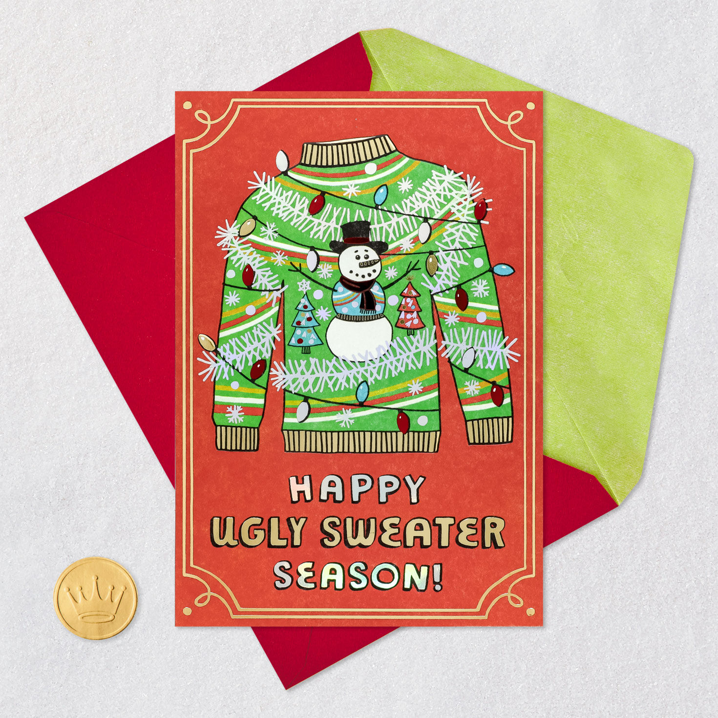 Ugly Sweater Snowman Funny Christmas Card Card Front with Envelope and Gold Seal image number 5