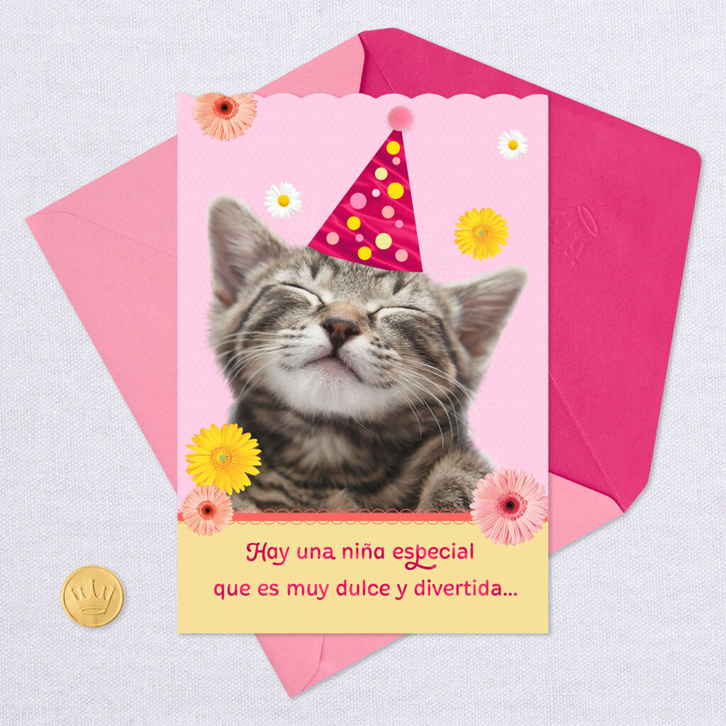 Cat In Party Hat Spanish Language Birthday Card For Girl