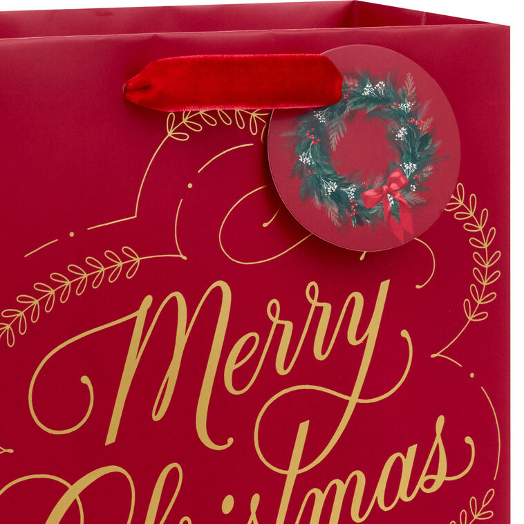 Gold Merry Christmas on Dark Red Medium Gift Bag Handle Detail image number 4