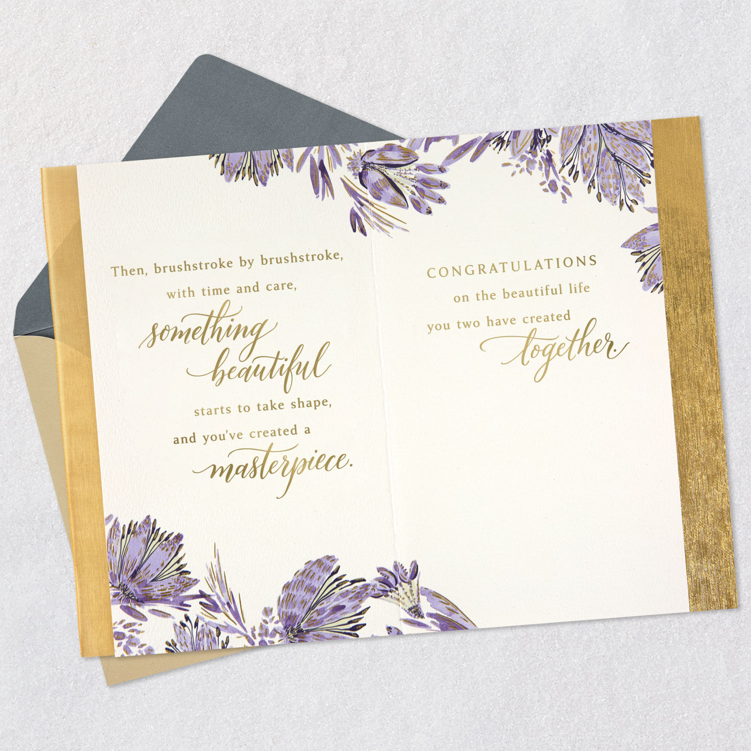 Gold and Purple Painted Flowers Anniversary Card Open card with envelope image number 4