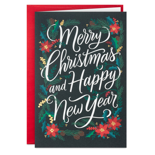 Poinsettias and Evergreen Boughs Packaged Christmas Cards, Set of 5, 