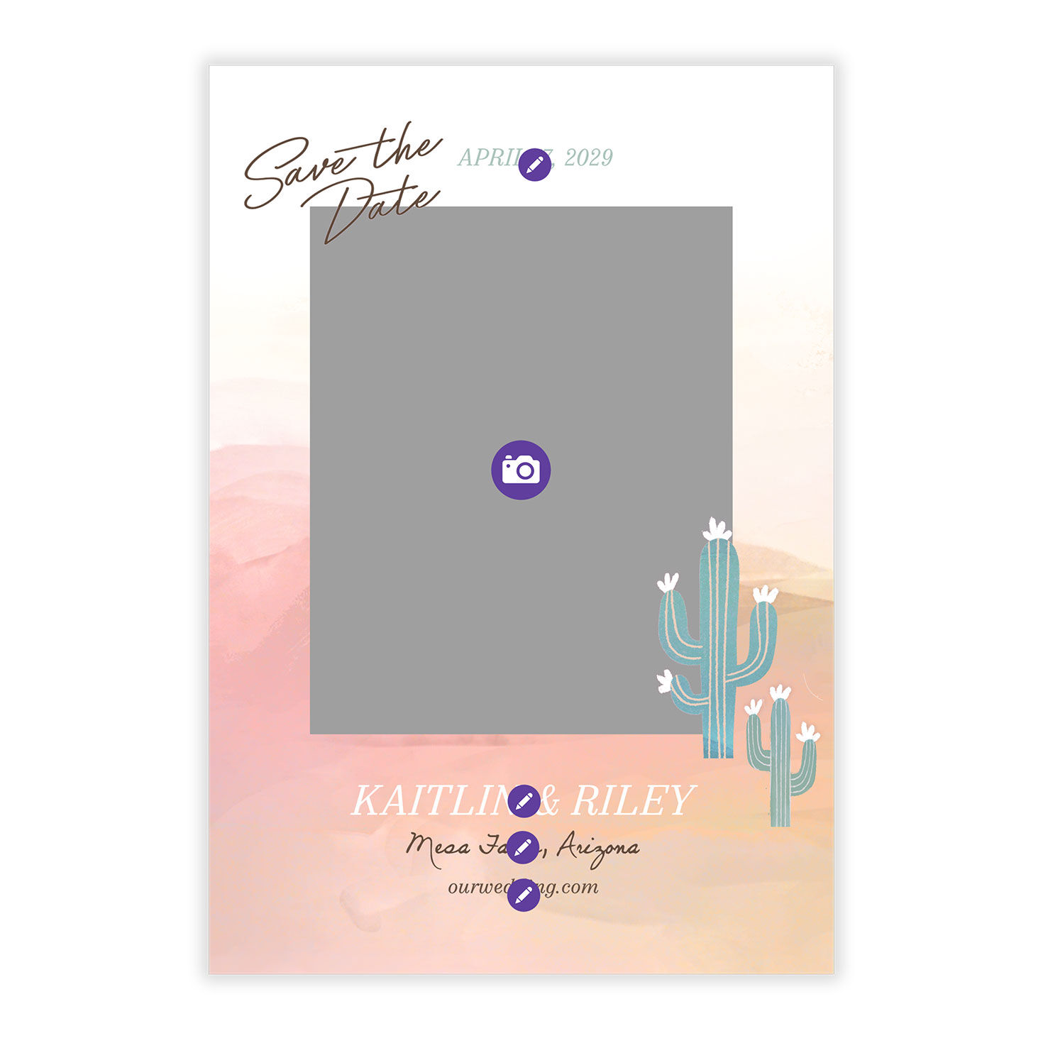 Desert Cactus Scene Personalized Save the Date Card Card Front indicating personalization image number 5