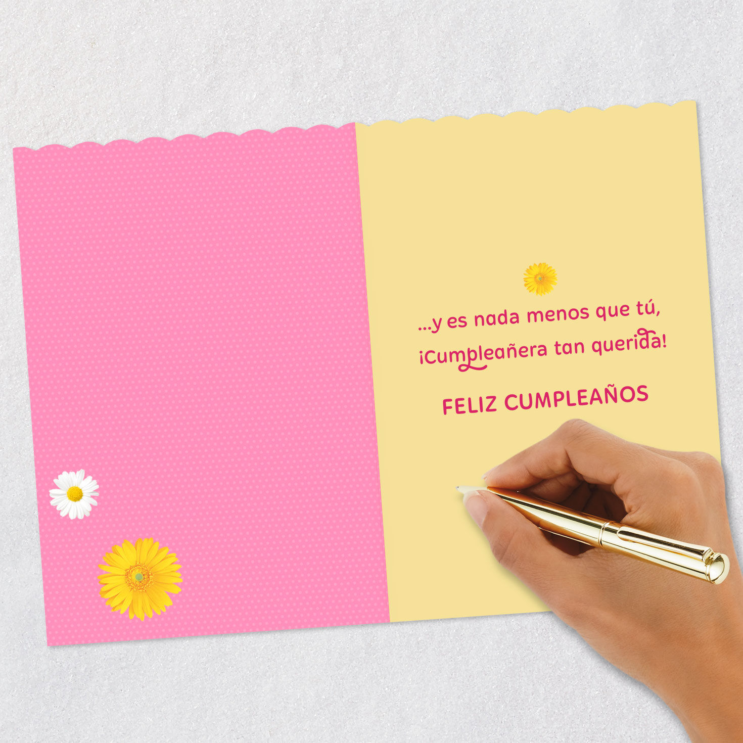 Kitten With Party Hat and Daisies Birthday Card in Spanish Signing card image number 6