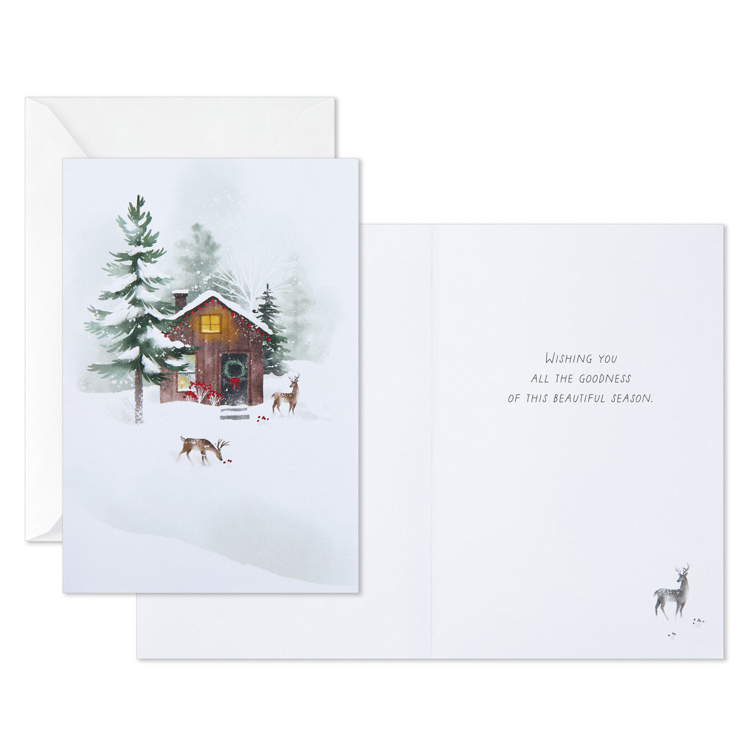 Deer and Cabin in Snow Packaged Christmas Cards Card Front with Sentiment image number 3
