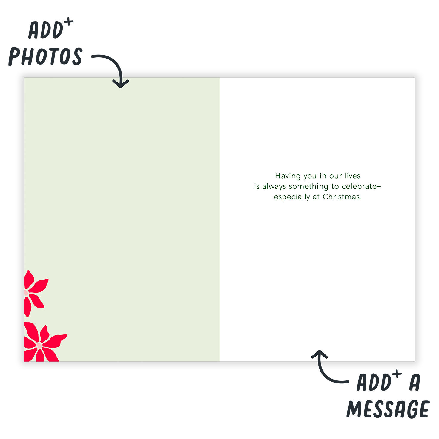 Poinsettias Leaves Border Personalized Christmas Card Open Card indicating personalization image number 3