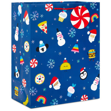 13" Christmas Icons on Blue Large Christmas Gift Bag, , large
