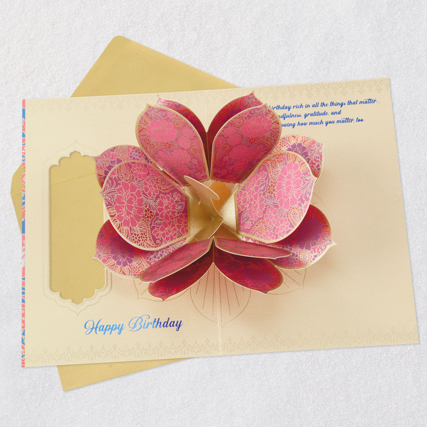 Blue and Pink Lotus Flower Pop-Up Birthday Card Open card with envelope image number 5