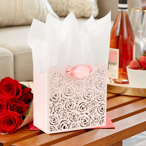 5.5" Pink Laser-Cut Roses Small Square Gift Bag, 