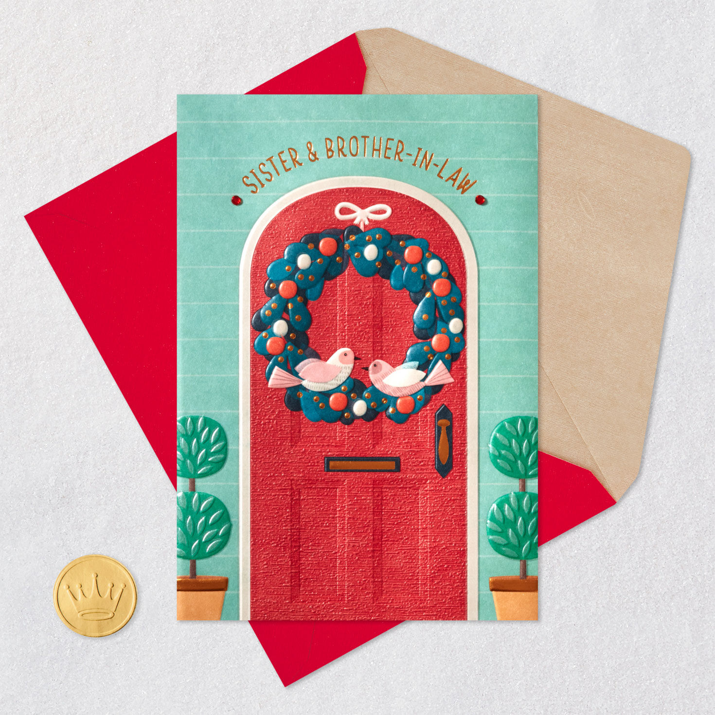 Wreath on Door Christmas Card for Sister and Brother-in-Law Card Front with Envelope and Gold Seal image number 7
