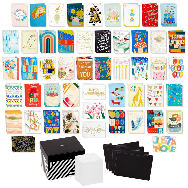 Festive and Colorful Assorted Blank All-Occasion Cards in Geometric Striped Organizer Box, Pack of 100