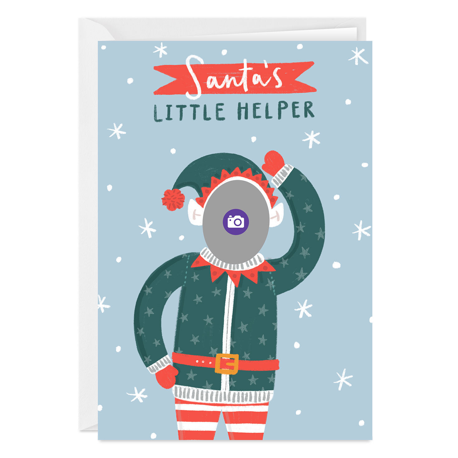 Elf With Photo Face Personalized Christmas Card Card Front indicating personalization image number 3