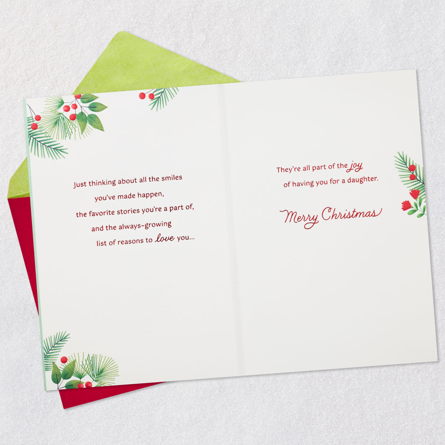 Red Bow on Green Stripes Christmas Card for Daughter Open card with envelope image number 4