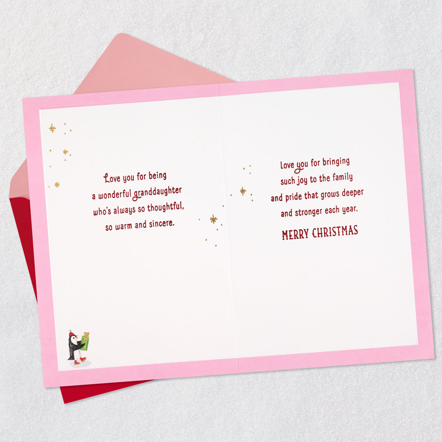 Penguins on Pink Christmas Card for Granddaughter Open card with envelope image number 4