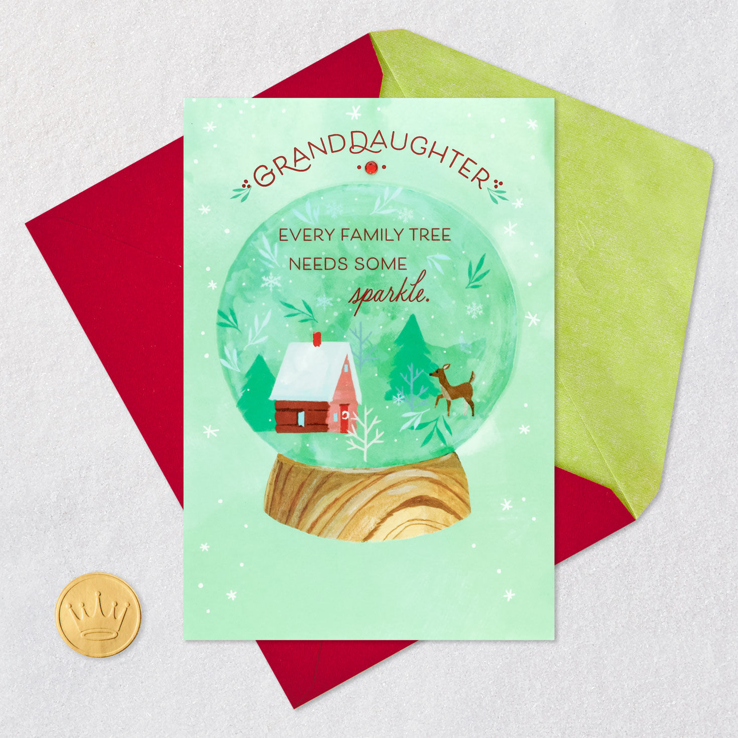 Green Snow Globe Christmas Card for Granddaughter Card Front with Envelope and Gold Seal image number 5