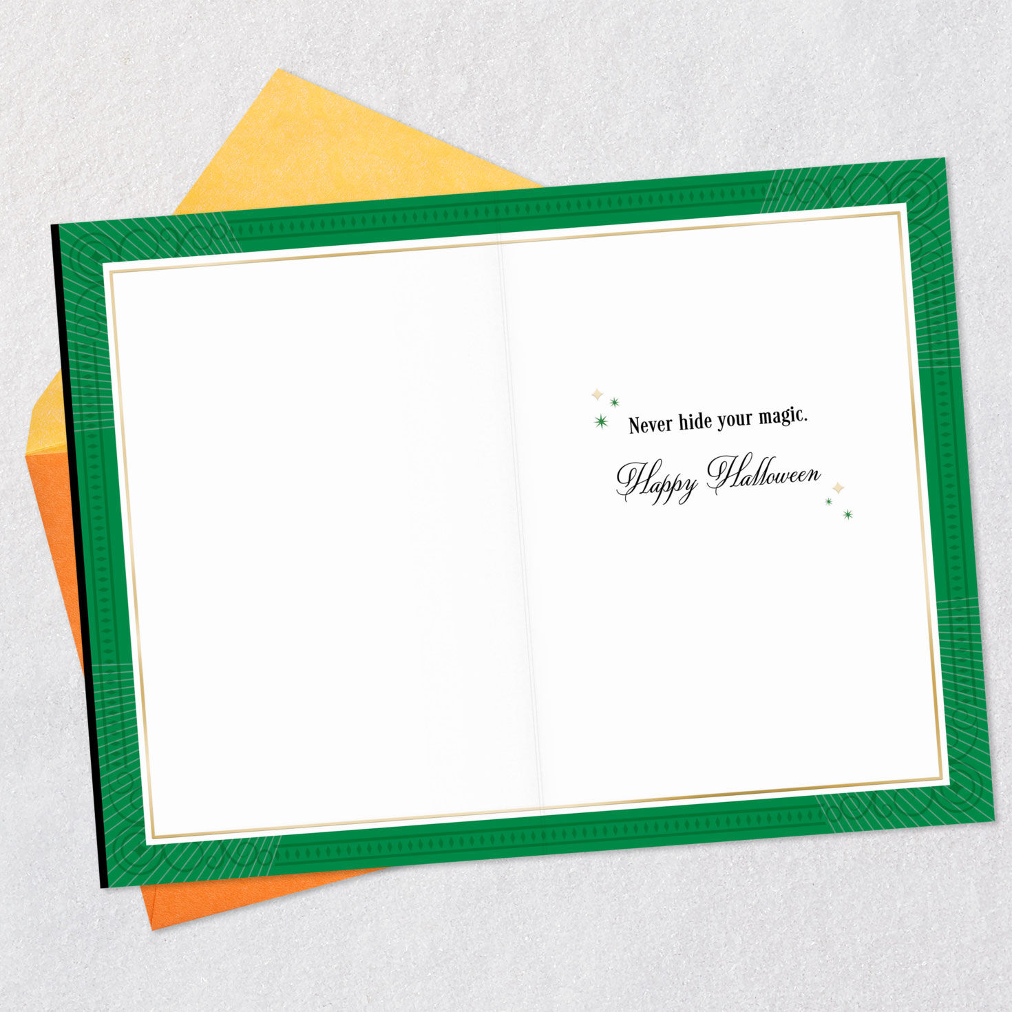 Gold and Green Wicked Halloween Card Open card with envelope image number 3