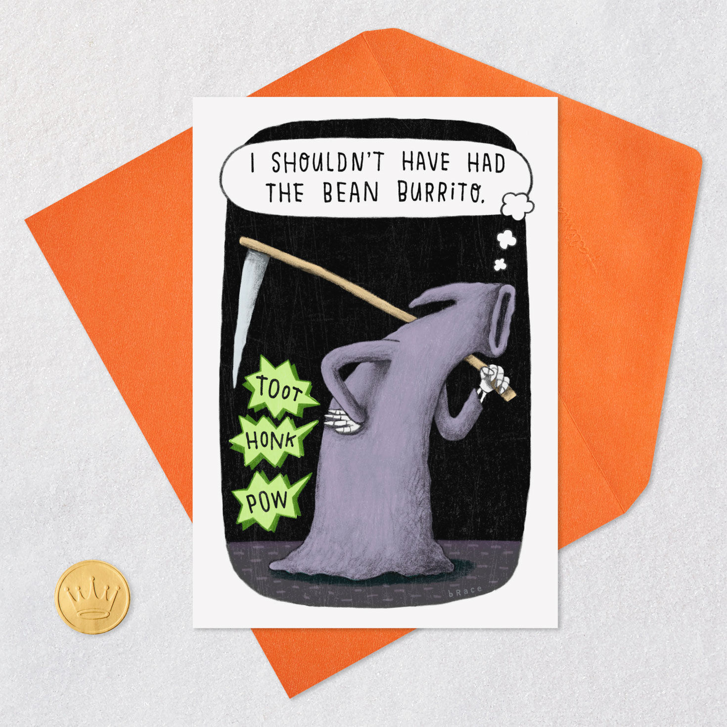 Grim Reaper With Gas Funny Halloween Card Card Front with Envelope and Gold Seal image number 5