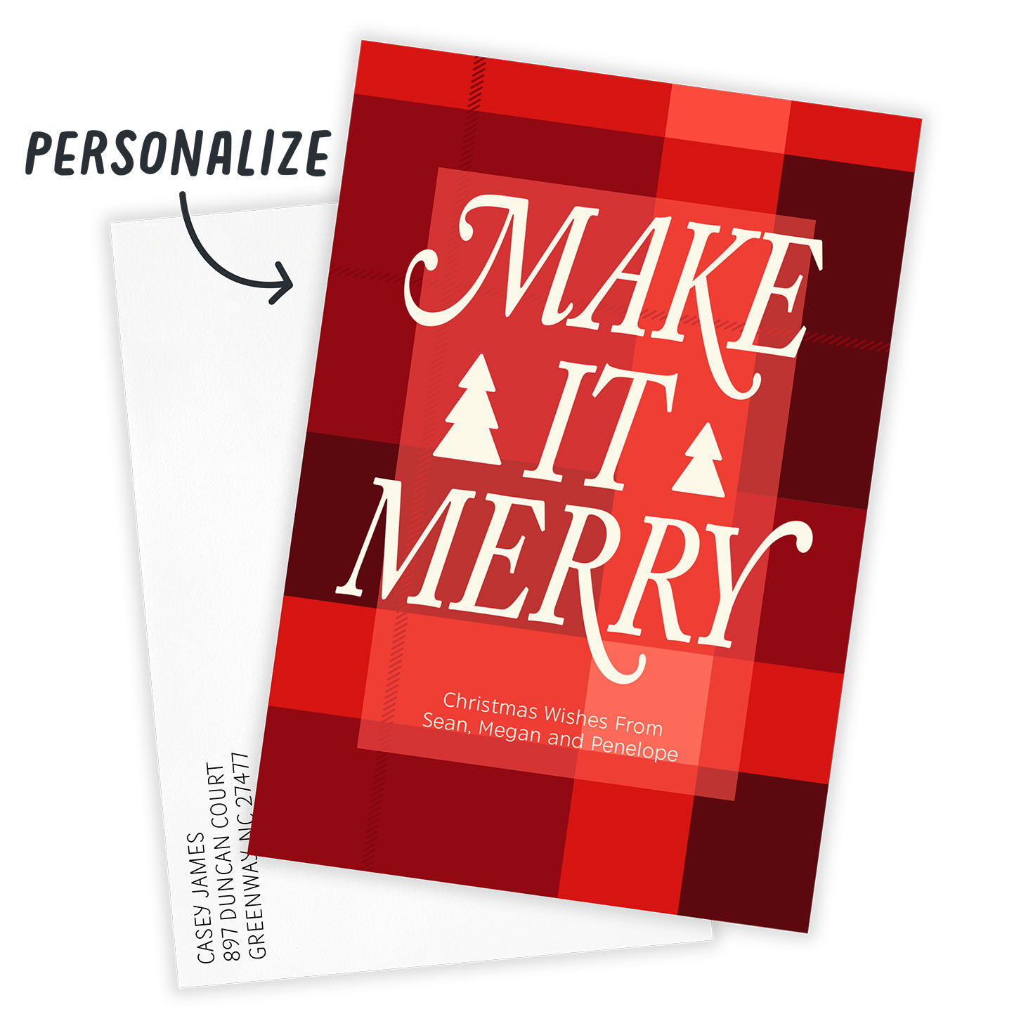 Red Plaid Personalized Christmas Photo Card Card Front indicating personalization image number 2