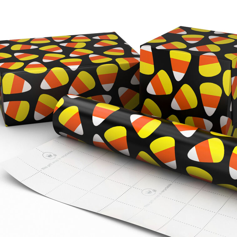 Candy Corn on Black Halloween Wrapping Paper Roll, 20 sq. ft.