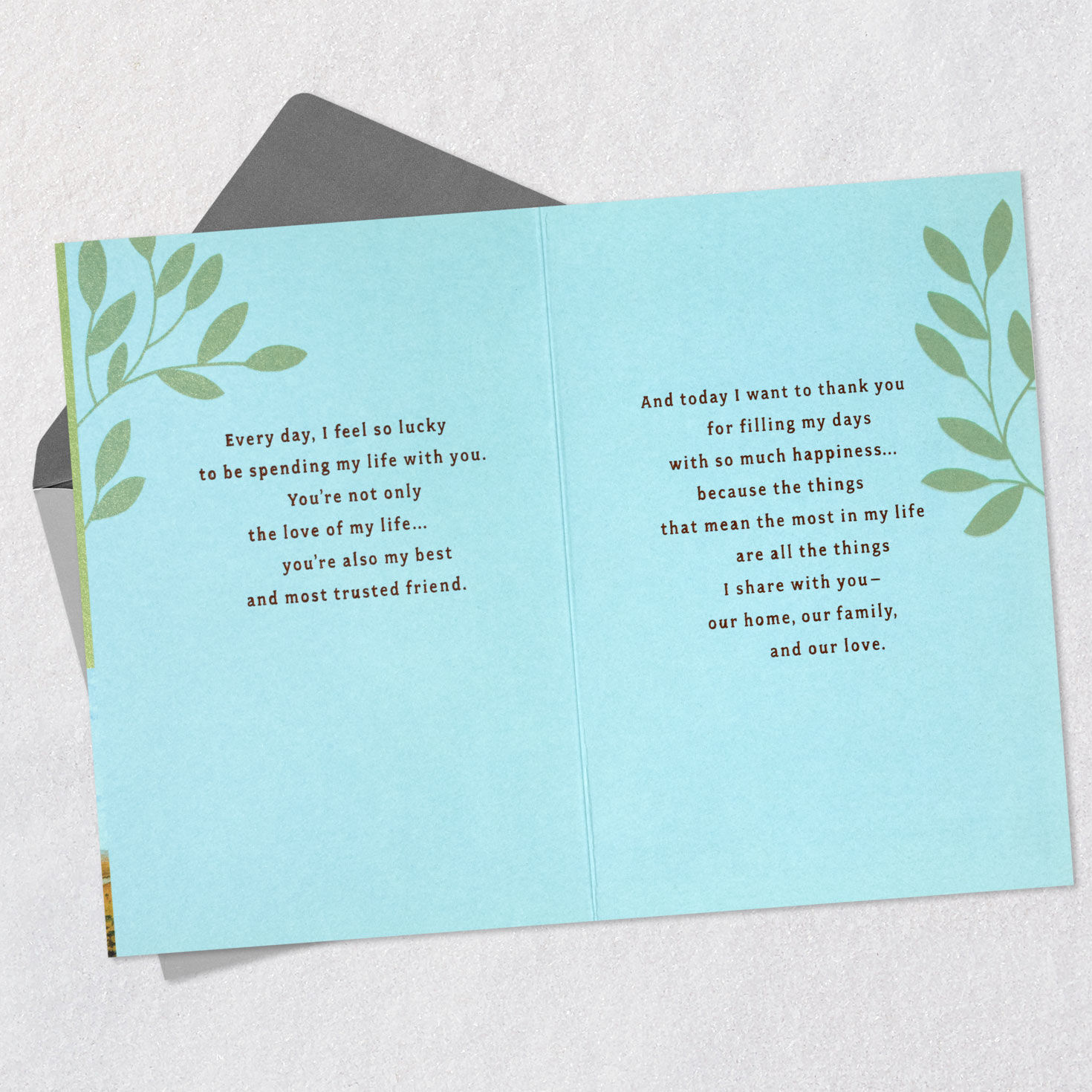 Green Leaves and Painted Home Anniversary Card Open card with envelope image number 4