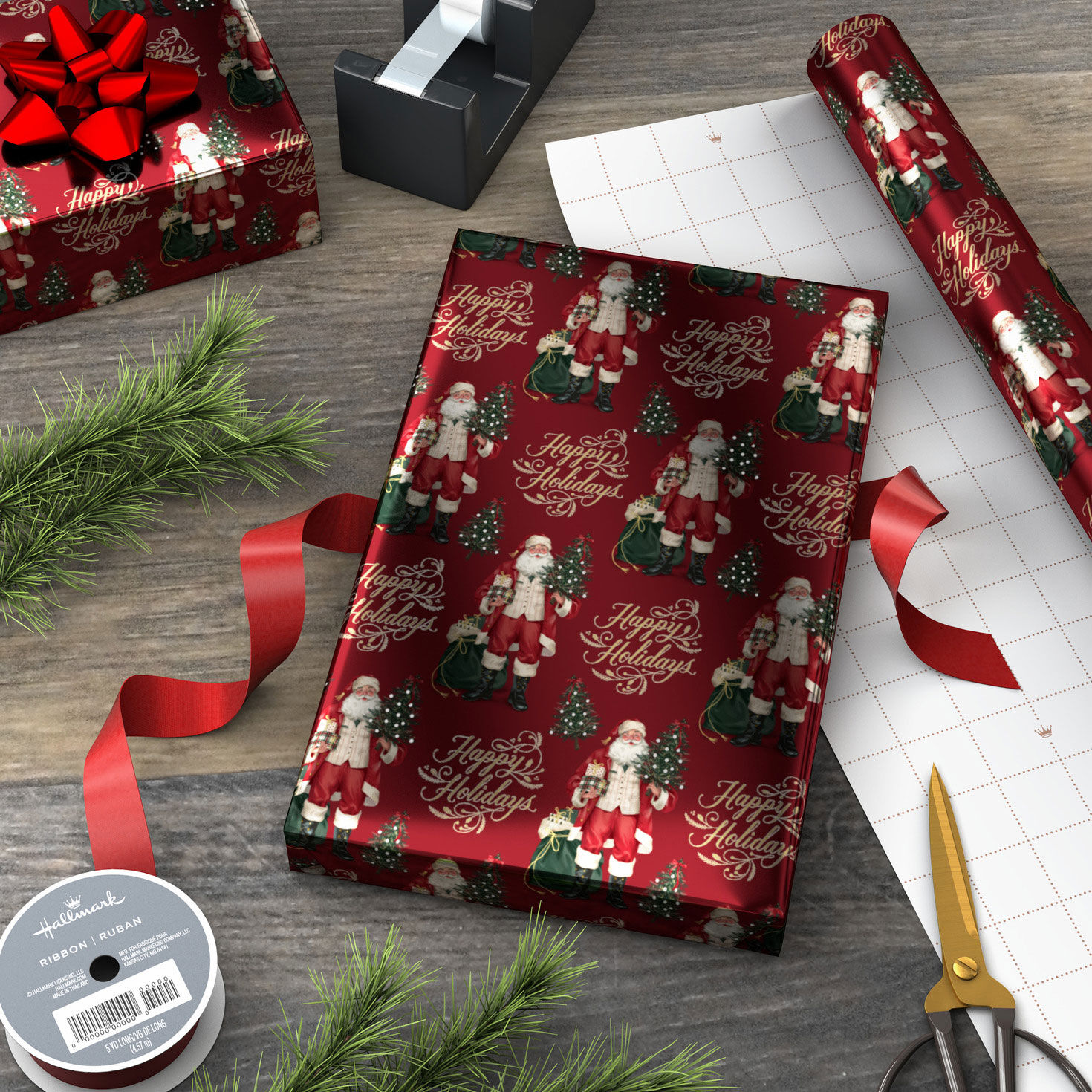 Happy Holidays Santa Burgundy Wrapping Paper Roll Wrapped package image number 3