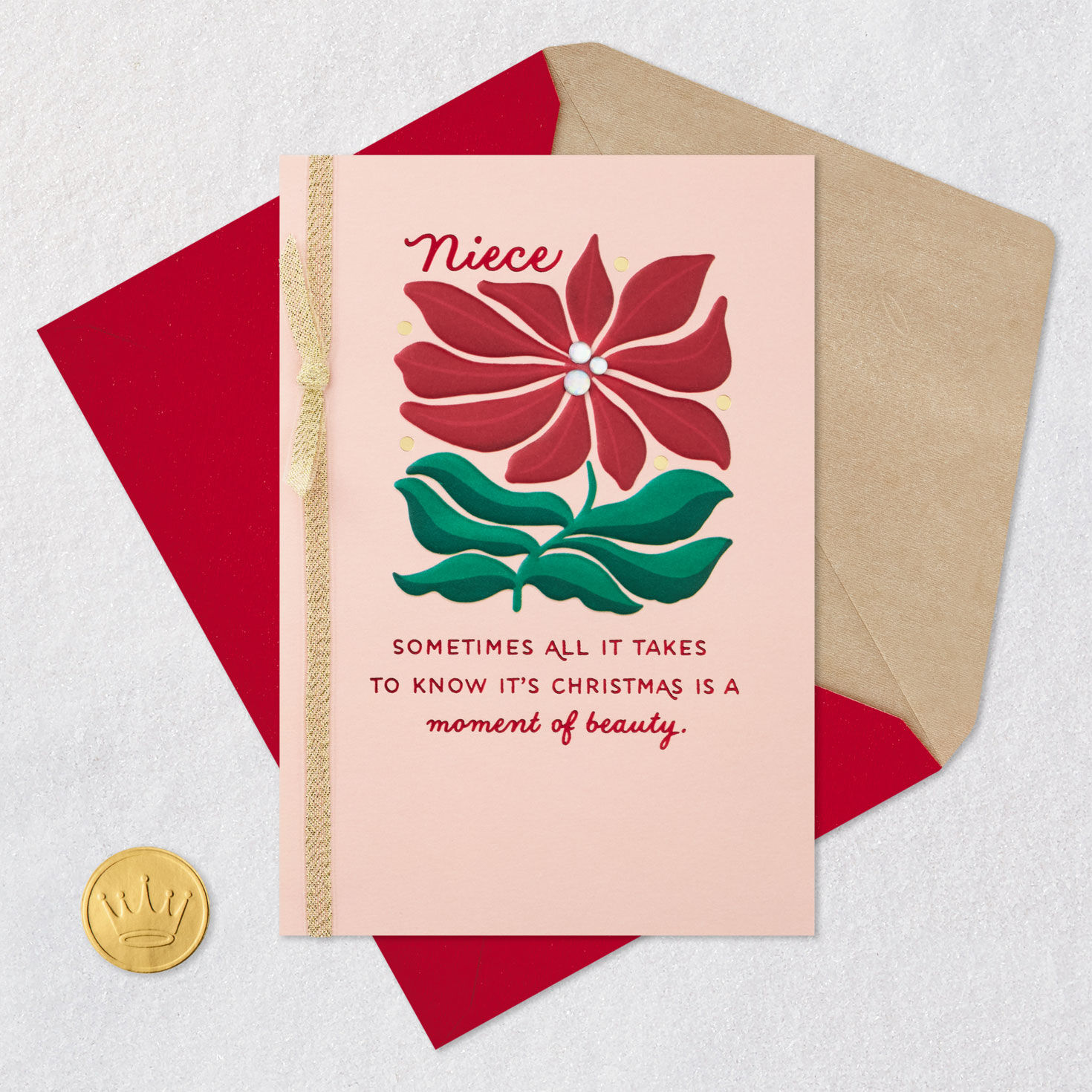 Red Poinsettia Christmas Card for Niece Card Front with Envelope and Gold Seal image number 5
