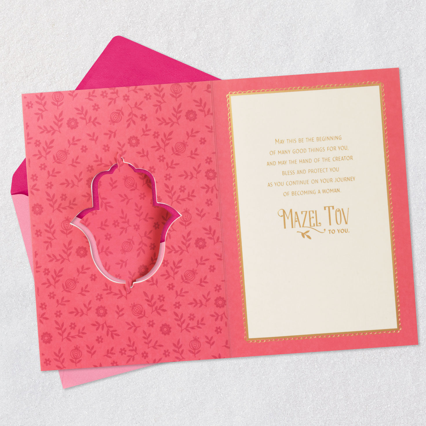 Pink and Gold Hamsa Bat Mitzvah Card for Girls Open card with envelope image number 3