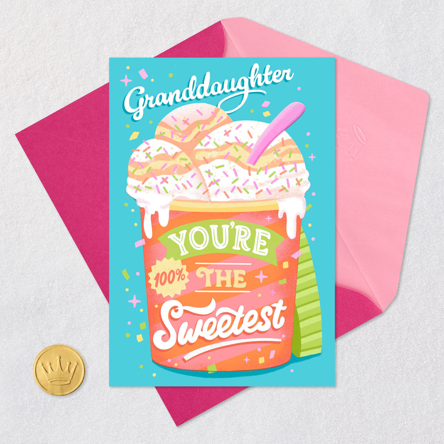 Ice Cream With Sprinkles Granddaughter Birthday Card Card Front with Envelope and Gold Seal image number 5