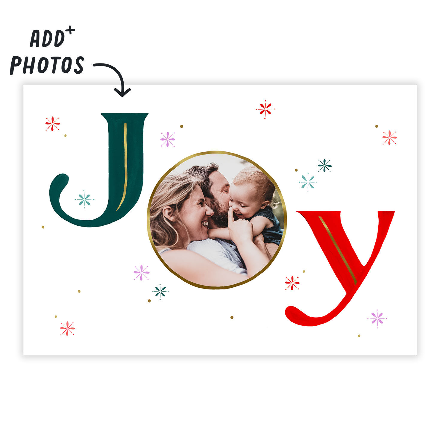Snowflakes Joy Photo Personalized Christmas Card Card Front indicating personalization image number 2