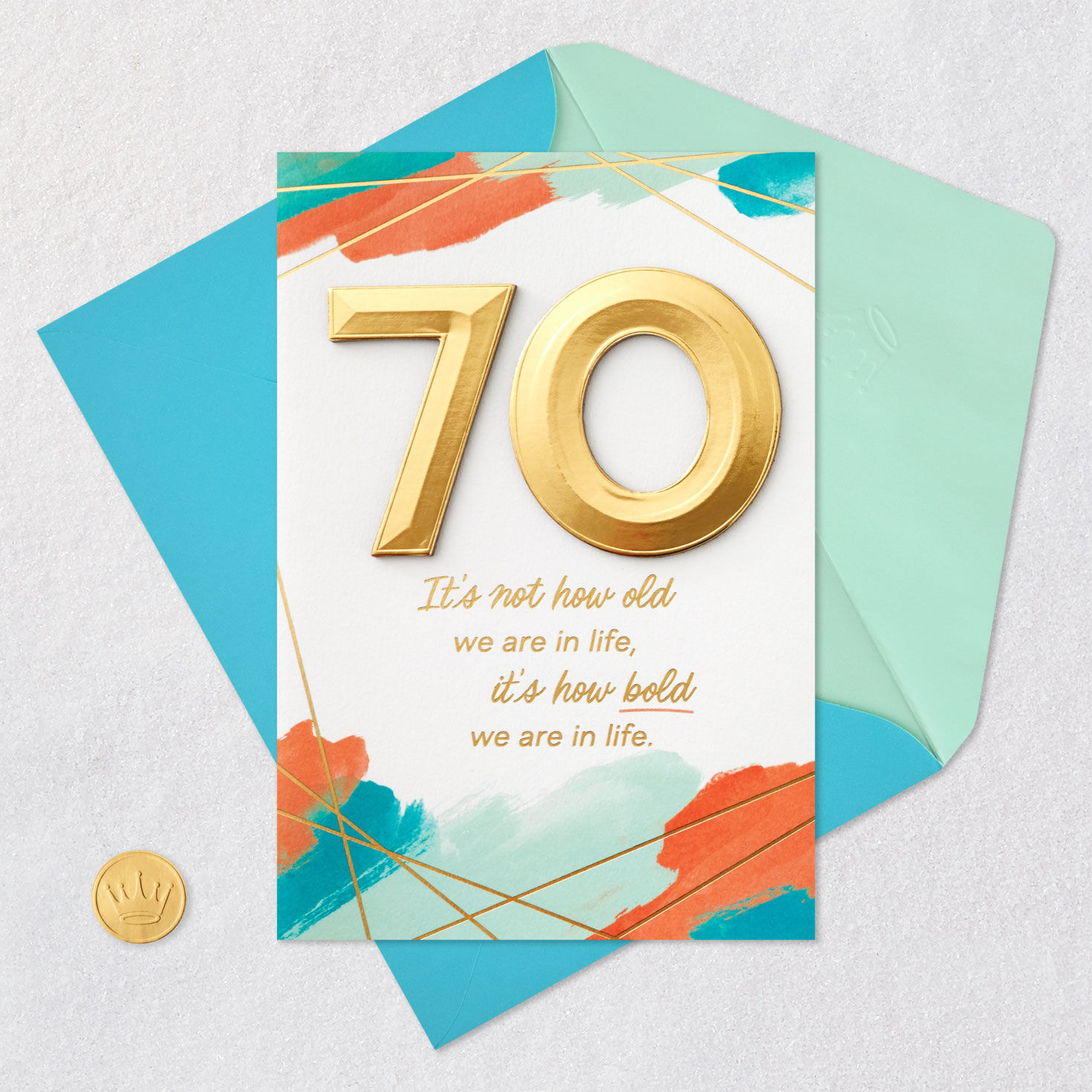 Coral and Blue 70th Birthday Card Card Front with Envelope and Gold Seal image number 5
