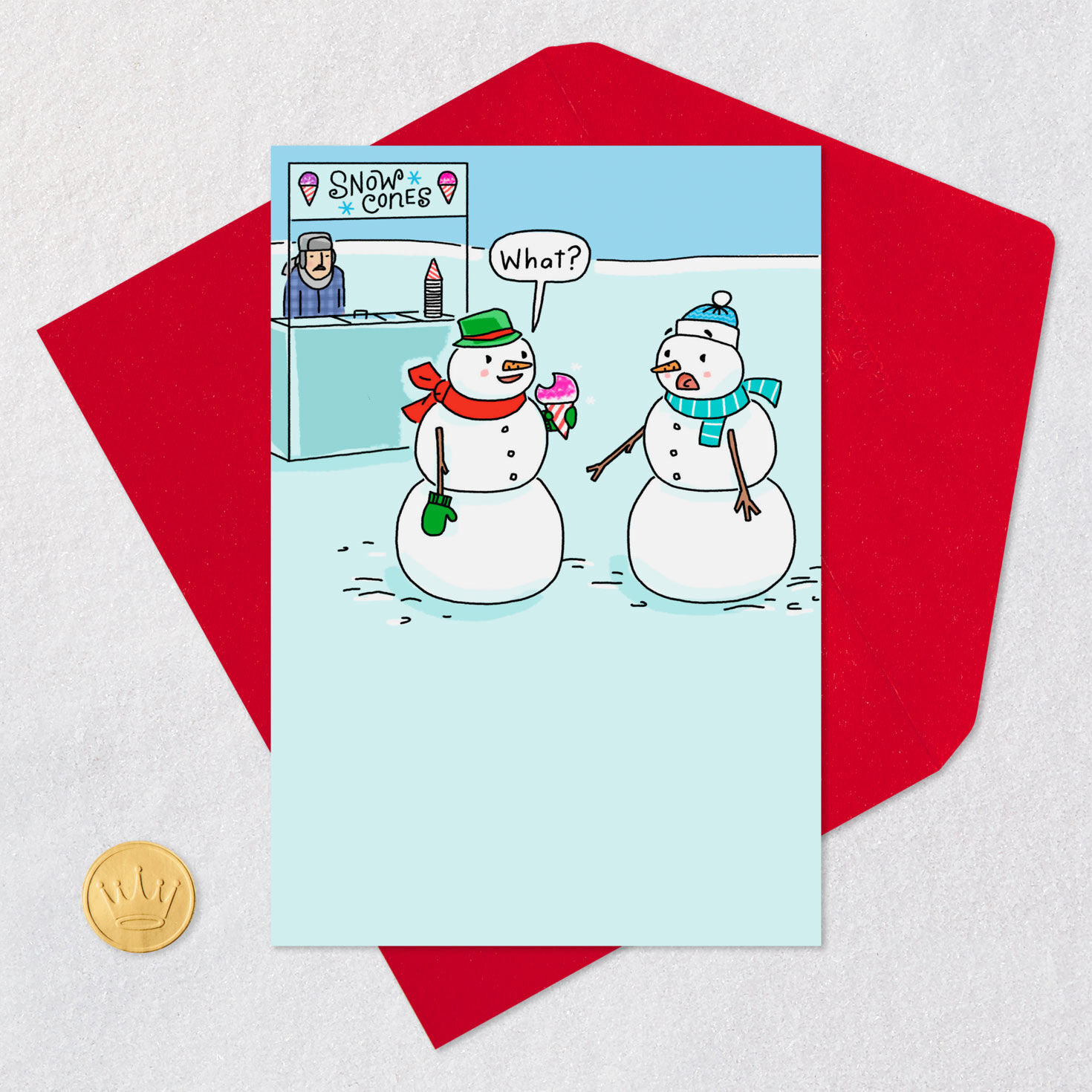 Snowman Eating Snow Cone Funny Christmas Card Card Front with Envelope and Gold Seal image number 5