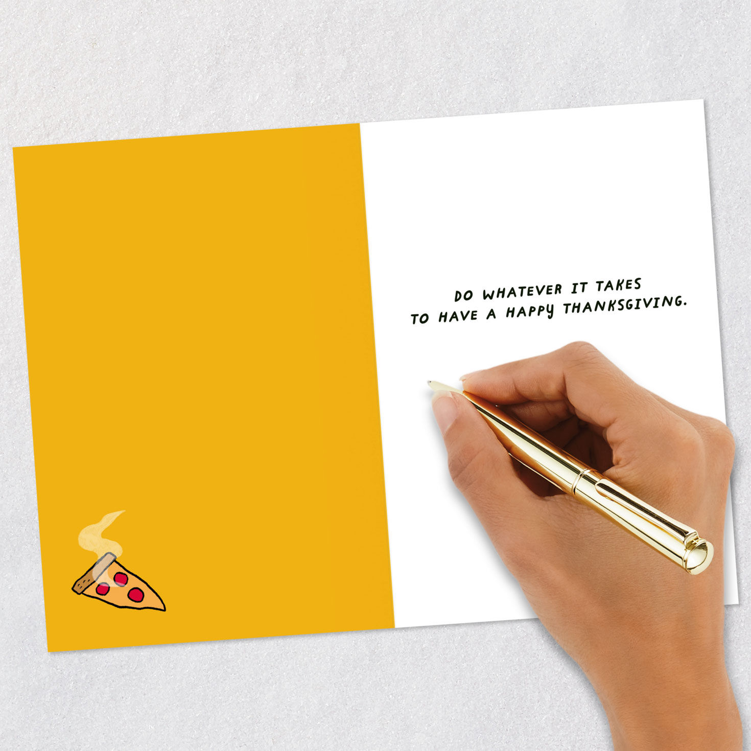Turkey With Pizza and Sign Funny Thanksgiving Card Signing card image number 6