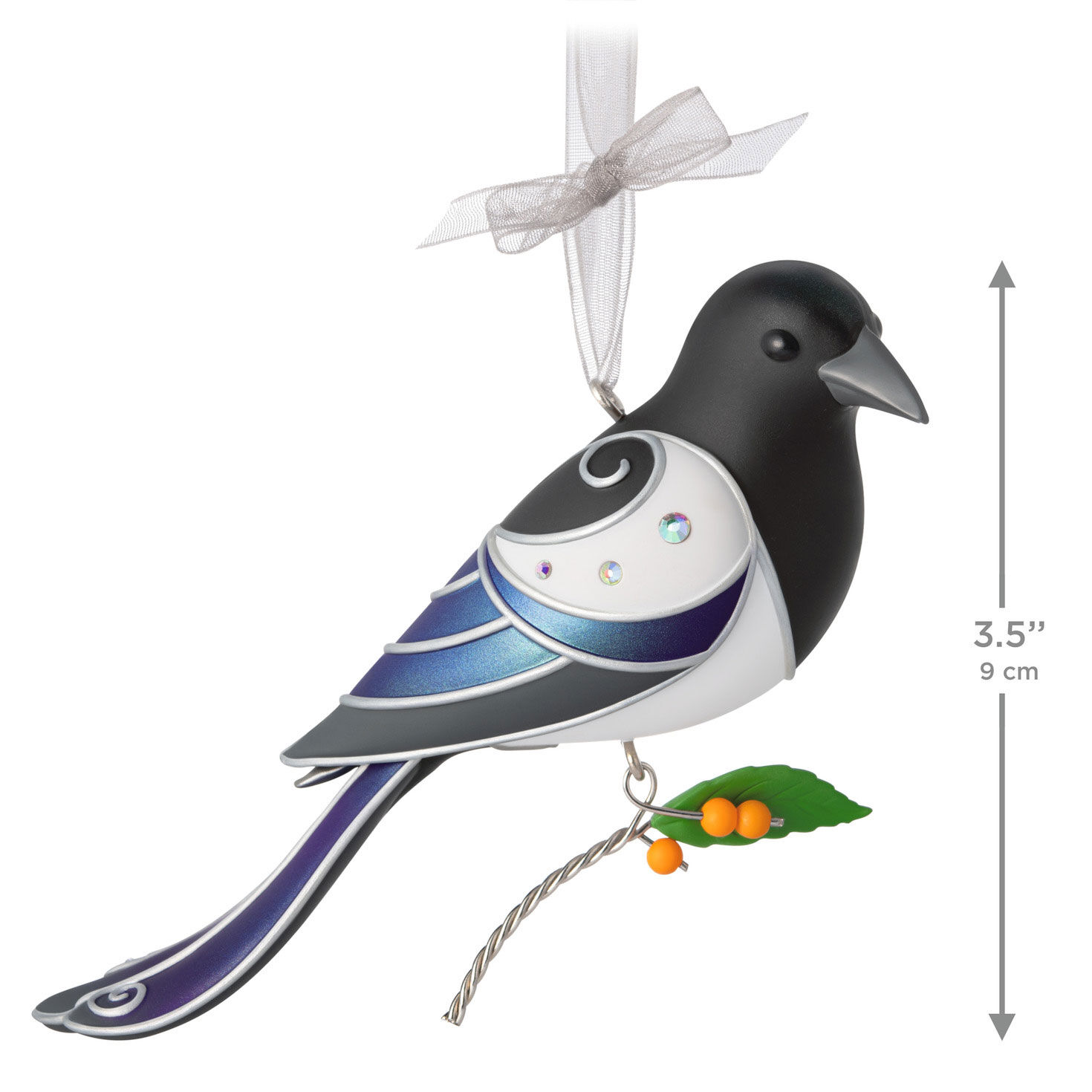 Black Blue and White Bird Keepsake Ornament measurement image number 3